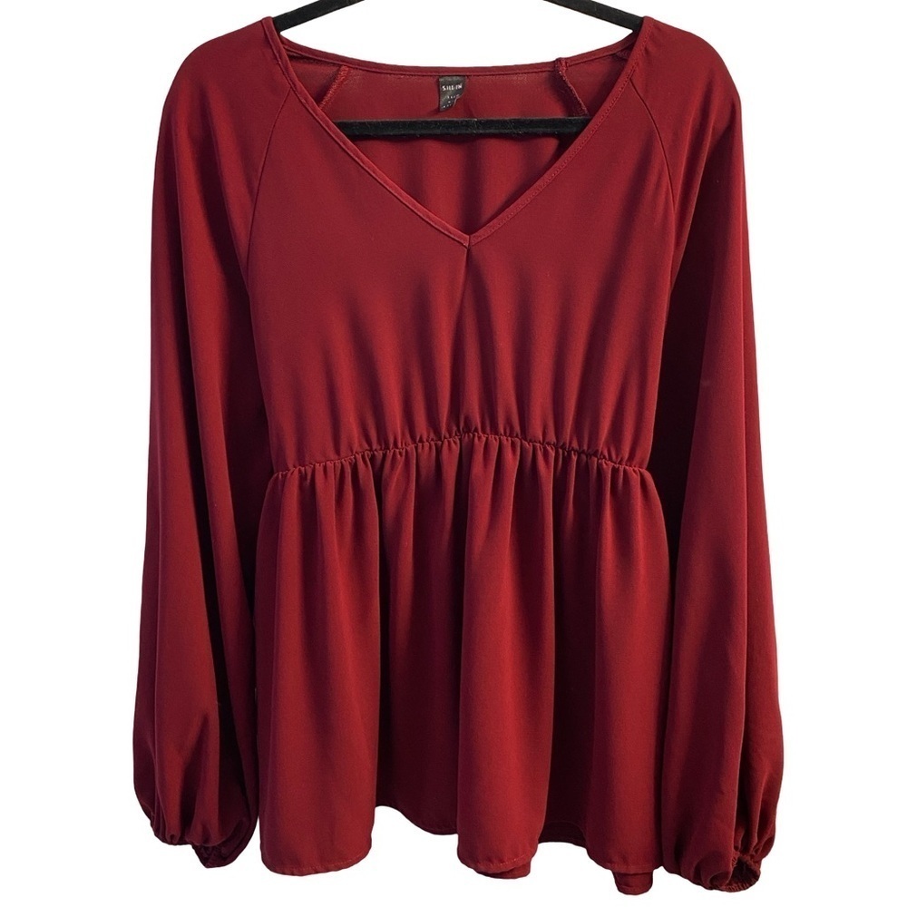 SHEIN Burgundy/Maroon Peplum V Neck Blouse Peasant Sleeve Size L/XL